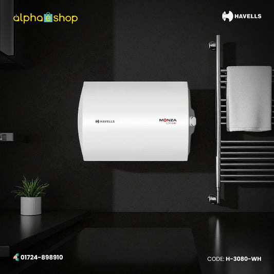 Havells Monza 50L white storage water geyser with wall-mounted horizontal design and temperature control.