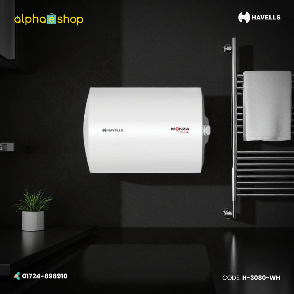 Havells Monza 50L white storage water geyser with wall-mounted horizontal design and temperature control.