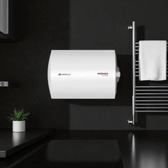 Havells Monza 50L white storage water geyser with horizontal wall-mounted design and side temperature control knob.