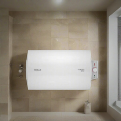Havells Monza EC-H 35L white storage water geyser with horizontal wall-mounted design, temperature control knob and status indicators.