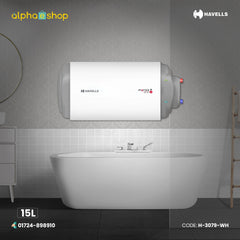 Havells Monza Slim I 15L right side storage water heater in white with horizontal wall-mounted design.