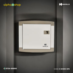 Havells SPN MCB distribution board with 4 to 16 way capacity and enclosed wall-mount design, model H-DHDIN-SPN.