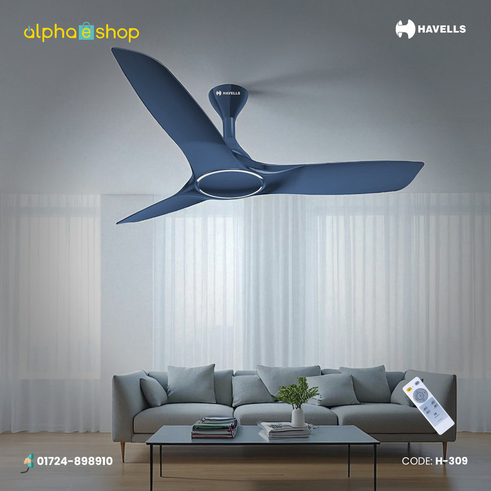 Havells Stealth Air 48-inch indigo blue BLDC ceiling fan with 3 aerodynamic blades, energy-saving motor and remote control.