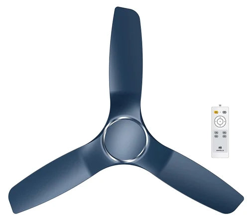 Havells Stealth Air 48-inch indigo blue BLDC ceiling fan with 3 aerodynamic blades and remote control, model H-309.