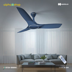 Havells Stealth Air 48-inch indigo blue BLDC ceiling fan with 3 aerodynamic blades, energy-saving motor and remote control.