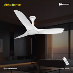 Havells Stealth Air 48-inch white BLDC ceiling fan with 3 aerodynamic blades, energy-saving motor and remote control, model H-287.