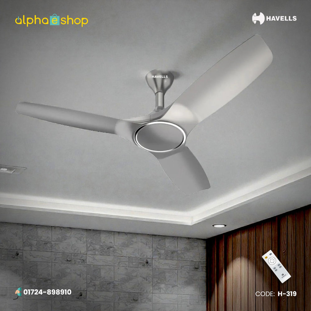 Havells Stealth Air 48-inch premium BLDC ceiling fan in mist finish featuring aerodynamically designed blades and a wireless remote control.