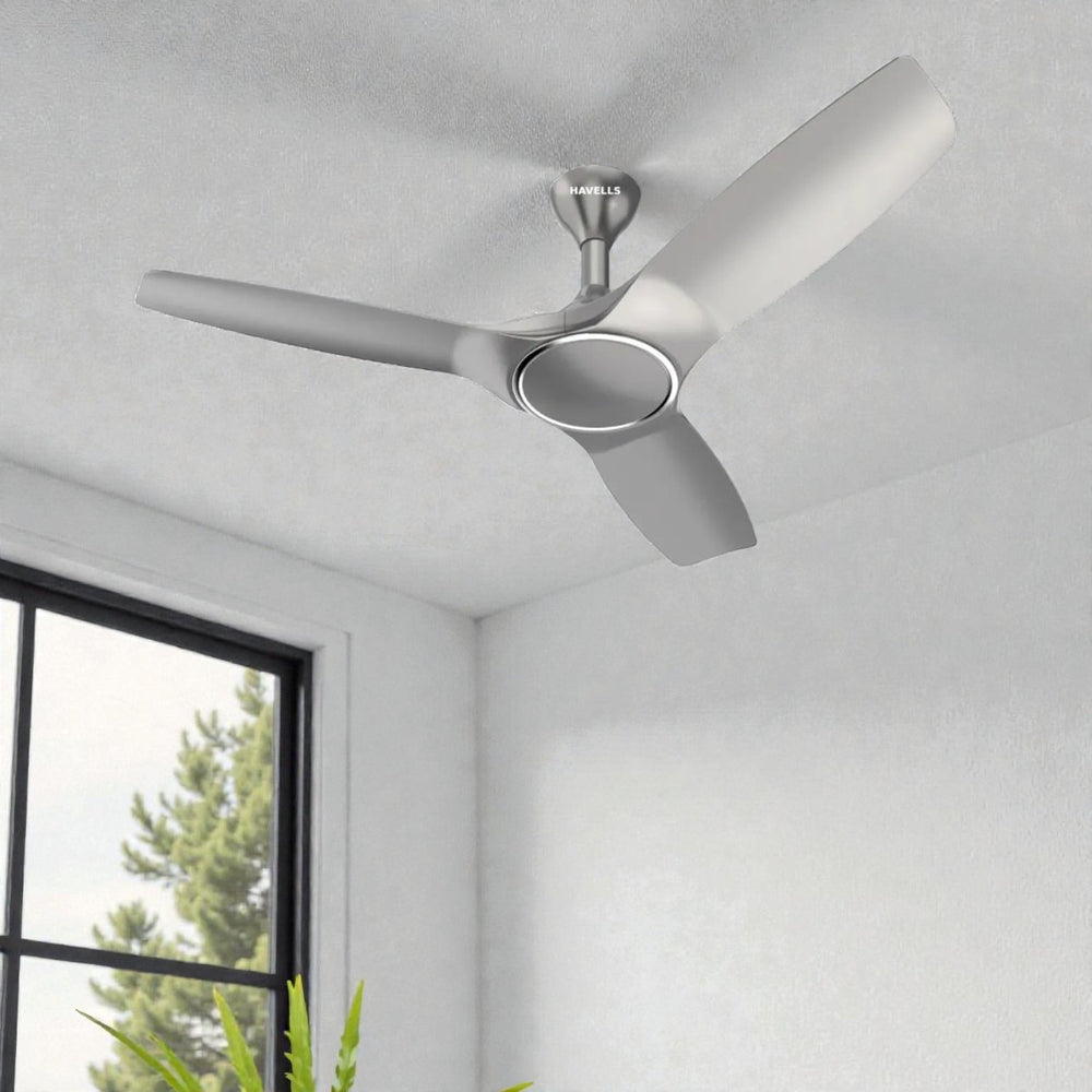 Havells Stealth Air 48-inch premium BLDC ceiling fan in a matte mist finish featuring a low-profile canopy and aerodynamic blades.