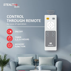 Havells Stealth Air BLDC ceiling fan infographic detailing remote control functions including ON/OFF switch, 1-4 hour timer, and memory function.