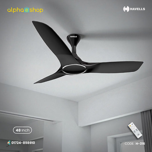 Havells Stealth Air 48 inch ceiling fan in Metallic Black with remote control, Alphaeshop branding, and model code H-316.