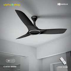 Havells Stealth Air 48 inch ceiling fan in Metallic Black with remote control, Alphaeshop branding, and model code H-316.