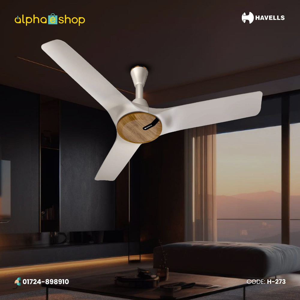 Havells Stealth Neo 48-inch BLDC ceiling fan with 3 blades, remote control and Wood Mist finish, model H-273.