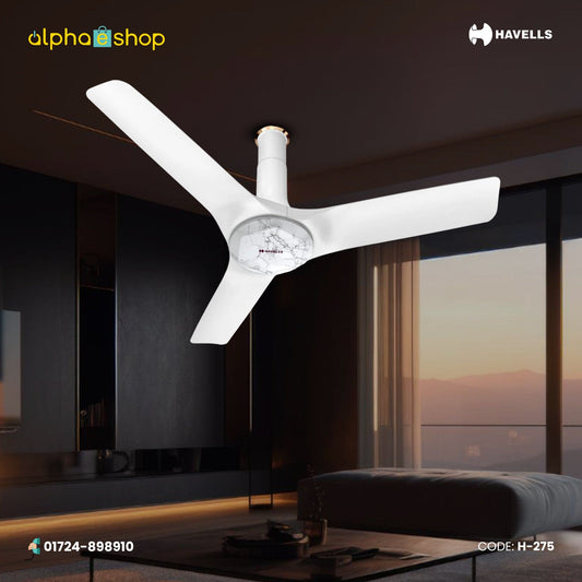Havells Stealth Prime 48-inch BLDC ceiling fan with 3 blades and marble pearl white finish, model H-275.