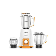 Havells Supermix 500W Mixer Grinder (H-1080-MG) featuring white and orange motor unit with three stainless steel maxTUFF jars at Alphaeshop.