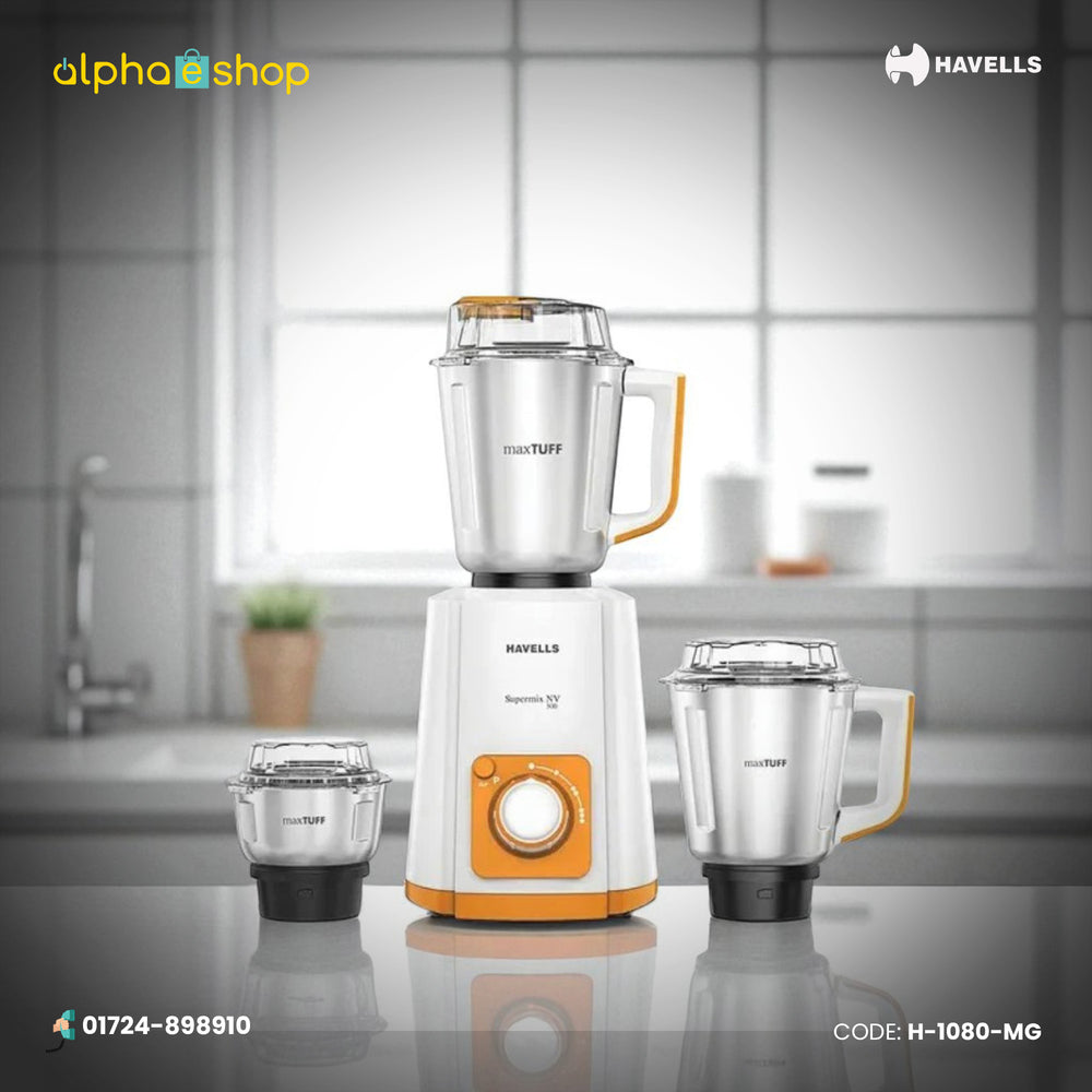 Havells Supermix 500W Mixer Grinder H-1080-MG in white and orange, with three stainless steel jars and lids. Available at Alphaeshop.