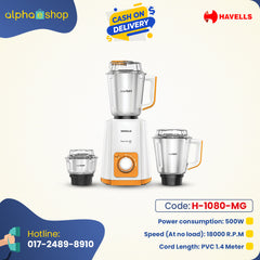 Havells Supermix 500W Mixer Grinder (H-1080-MG) in white and orange with 3 stainless steel jars, 18000 RPM, and 1.4m cord. Available at Alphaeshop.
