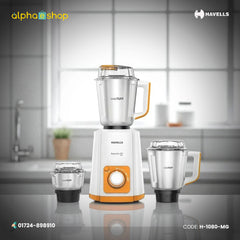 Havells Supermix 500W Mixer Grinder H-1080-MG in white and orange, with three stainless steel jars and lids. Available at Alphaeshop.