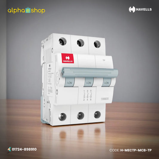 Havells TP miniature circuit breaker (MCB) with 10 kA breaking capacity and three-pole design, model H-MECTP-MCB-TP.
