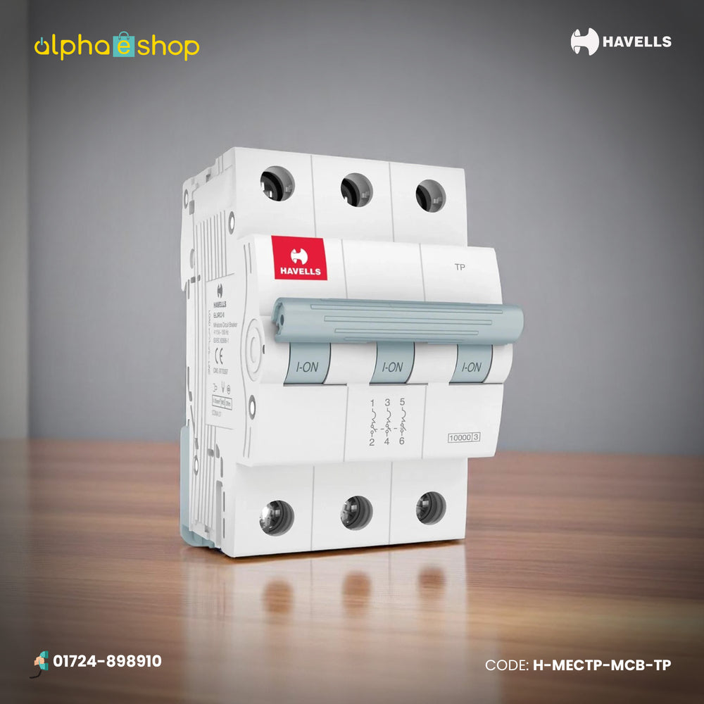 Havells TP miniature circuit breaker (MCB) with 10 kA breaking capacity and three-pole design, model H-MECTP-MCB-TP.