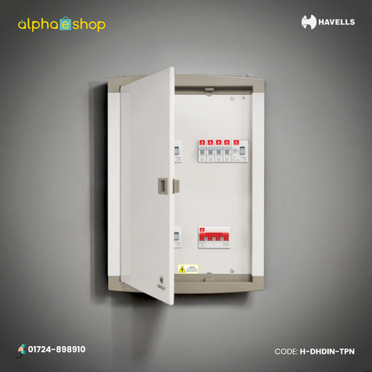 Havells TPN distribution panel with three phase MCB incoming and single phase outgoing circuits, model H-DHDIN-TPN.