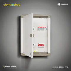 Havells TPN distribution panel with three phase MCB incoming and single phase outgoing circuits, model H-DHDIN-TPN.