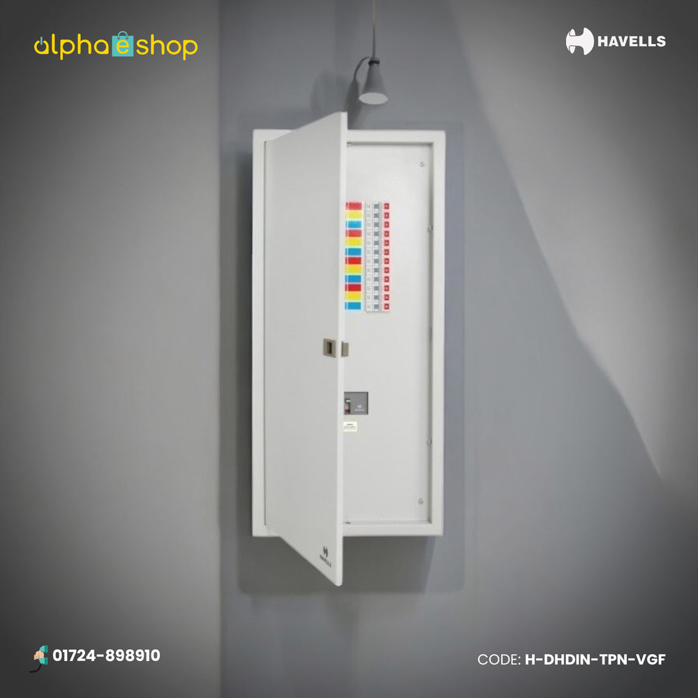 Havells three phase distribution panel with MCCB incoming and MCB outgoing load lines in A-frame enclosure, model H-DHDIN-TPN-VGF.
