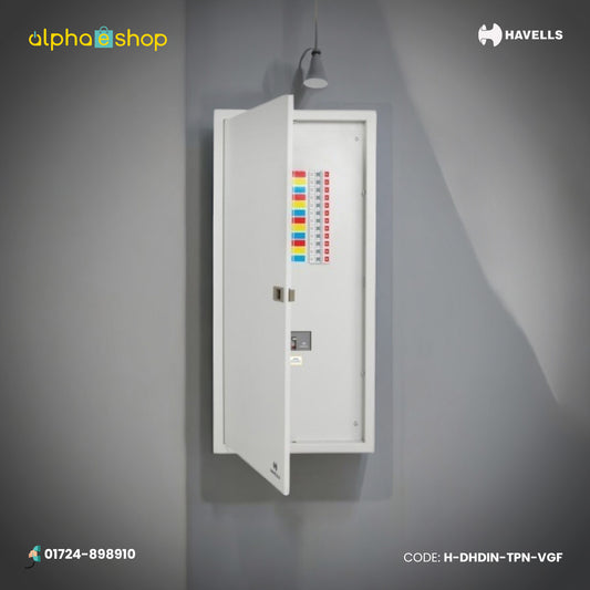 Havells three phase distribution panel with MCCB incoming and MCB outgoing load lines in G-frame enclosure, model H-DHDIN-TPN-VGF.
