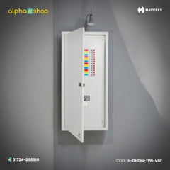 Havells three phase distribution panel with MCCB incoming and MCB outgoing load lines in G-frame enclosure, model H-DHDIN-TPN-VGF.