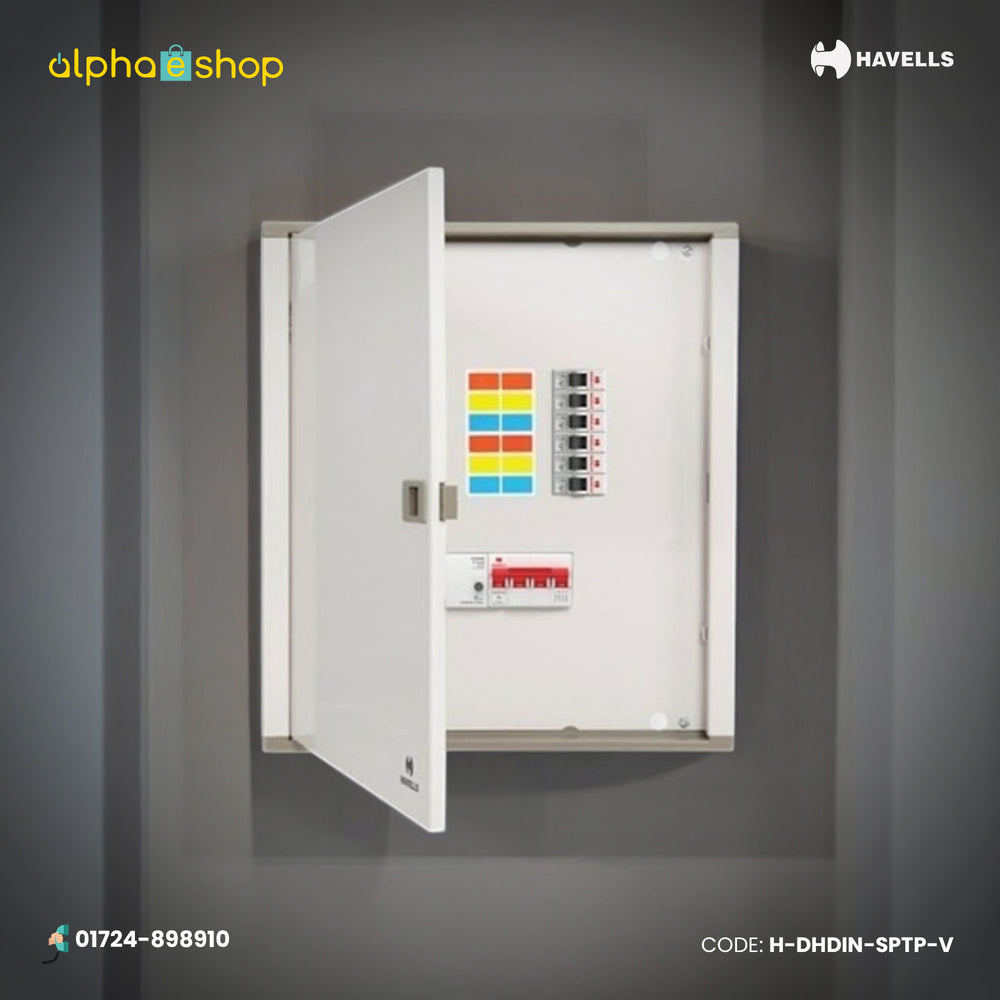 Havells three phase distribution panel with MCCB incoming and SP/TP MCB outgoing circuits in vertical layout, model H-DHDIN-SPTP-V.