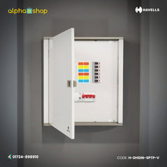 Havells three phase distribution panel with MCCB incoming and SP/TP MCB outgoing circuits in vertical layout, model H-DHDIN-SPTP-V.
