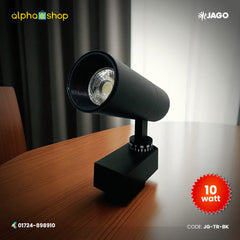 Jago 10W black LED track light with adjustable spotlight head and cylindrical body, model JG-TR-BK.
