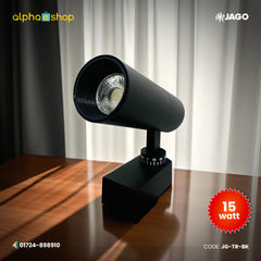 Jago 15W black LED track light with adjustable spotlight head and cylindrical body, model JG-TR-BK.