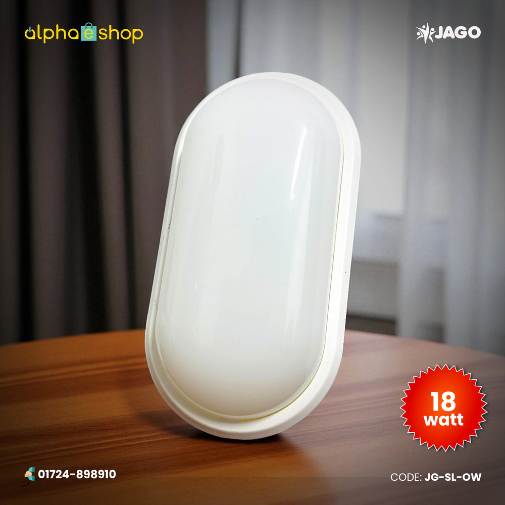 Jago 18W IP65 oval security light in white with a smooth diffuser and compact surface-mounted design, model JG-SL-OW.