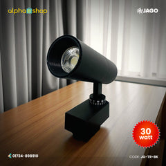 Jago 30W black LED track light with adjustable spotlight head and cylindrical body, model JG-TR-BK.