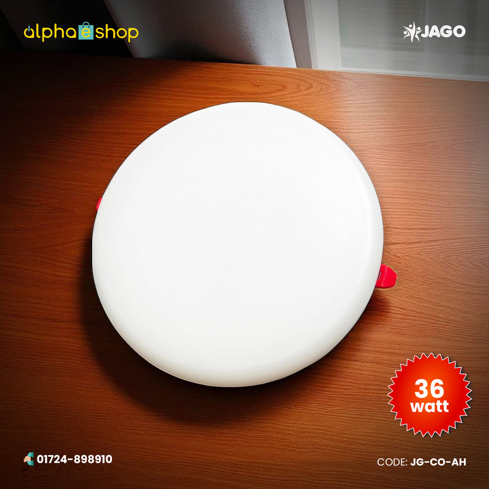 Jago 36W round any hole LED panel light in white with smooth diffuser and red mounting clips, model JG-CO-AH.