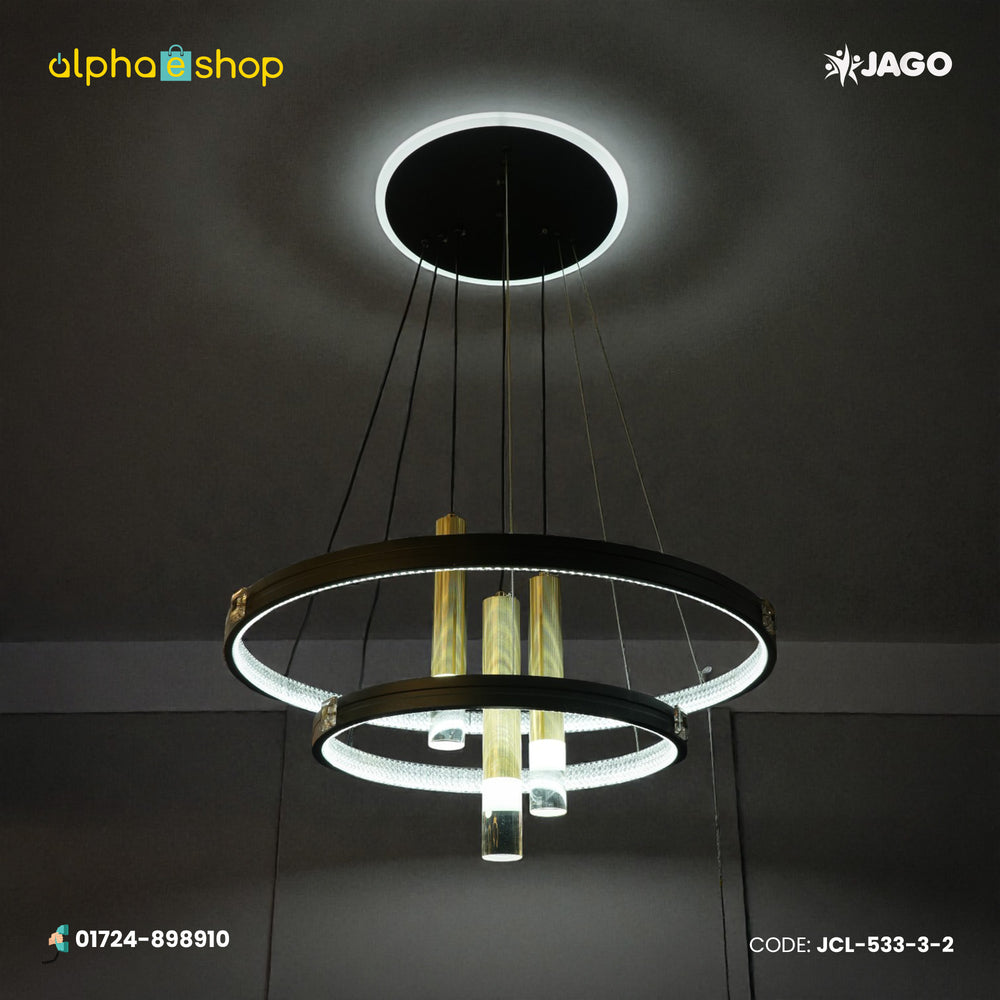 Jago modern 2-layer hanging light featuring black ring profiles, bright LED strips, and gold-accented cylindrical downlights, model JCL-533-3-2.