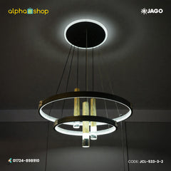 Jago modern 2-layer hanging light featuring black ring profiles, bright LED strips, and gold-accented cylindrical downlights, model JCL-533-3-2.