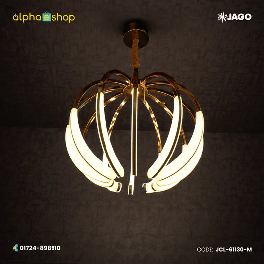 Jago modern hanging chandelier featuring an open sphere frame with curved golden arms and integrated warm LED lighting, model JCL-61130-M.