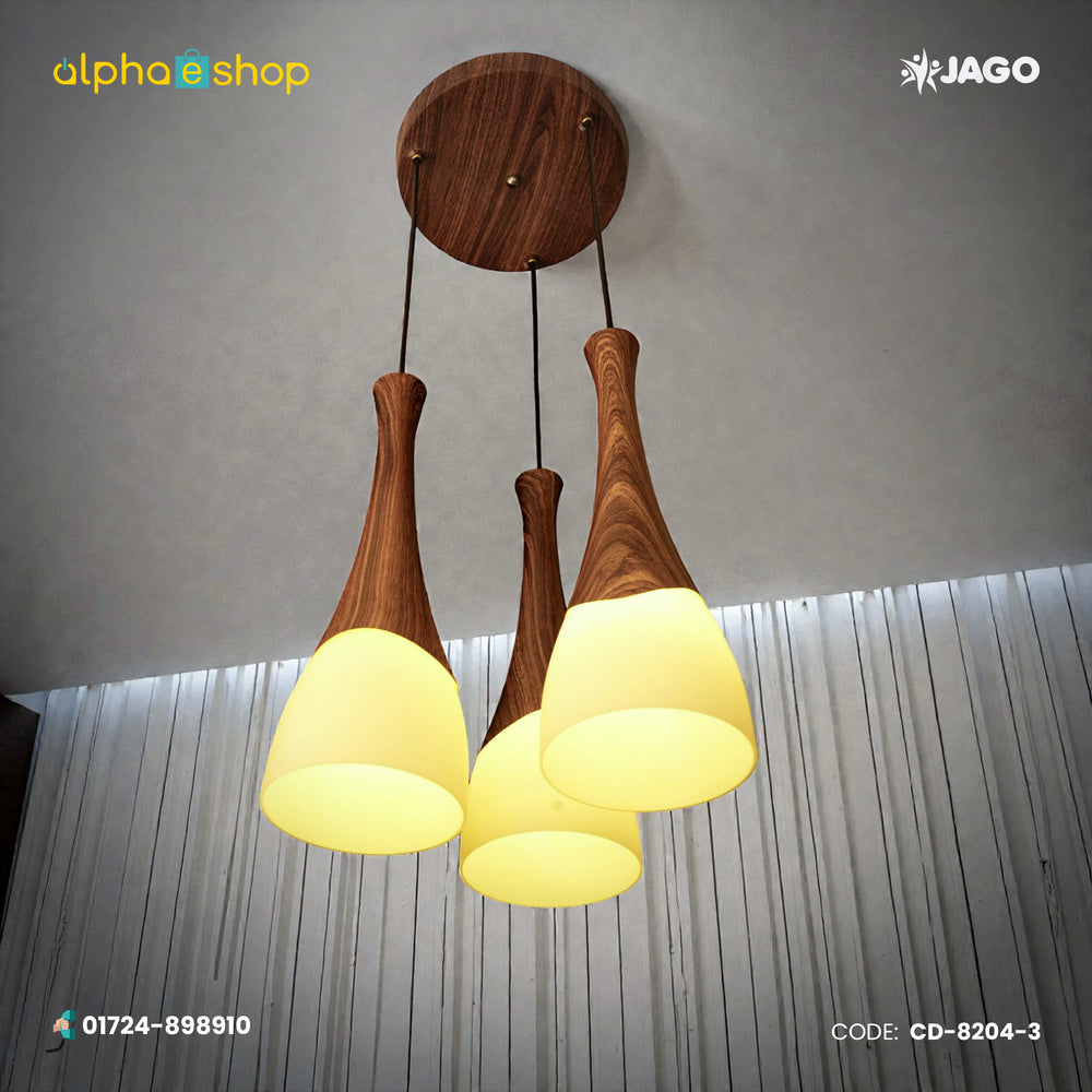 Jago 3-light modern cluster pendant hanging light featuring tapered wooden holders and frosted yellow glass bell shades, model CD-8204-3.