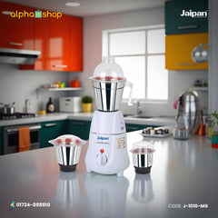 Jaipan Hotel King 1000W Mixer Grinder (J-1010-MG) in white with three stainless steel jars. Available at Alphaeshop.