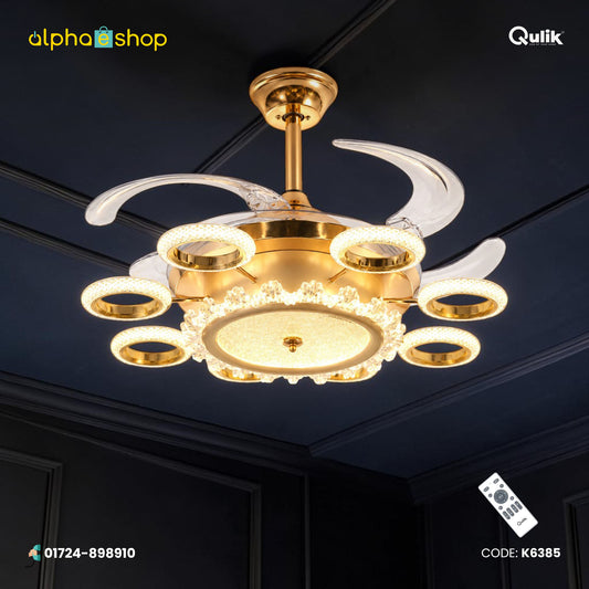 Qulik 48" Modern Chandelier Retractable Invisible Blade Silent 3 Color Change LED Remote Ceiling Fan (Golden) | Q-K6385