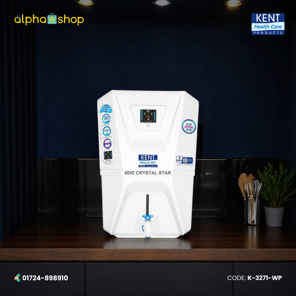 KENT Crystal Star smart RO water purifier in white with digital display and mineral ROT technology. Available at Alphaeshop.
