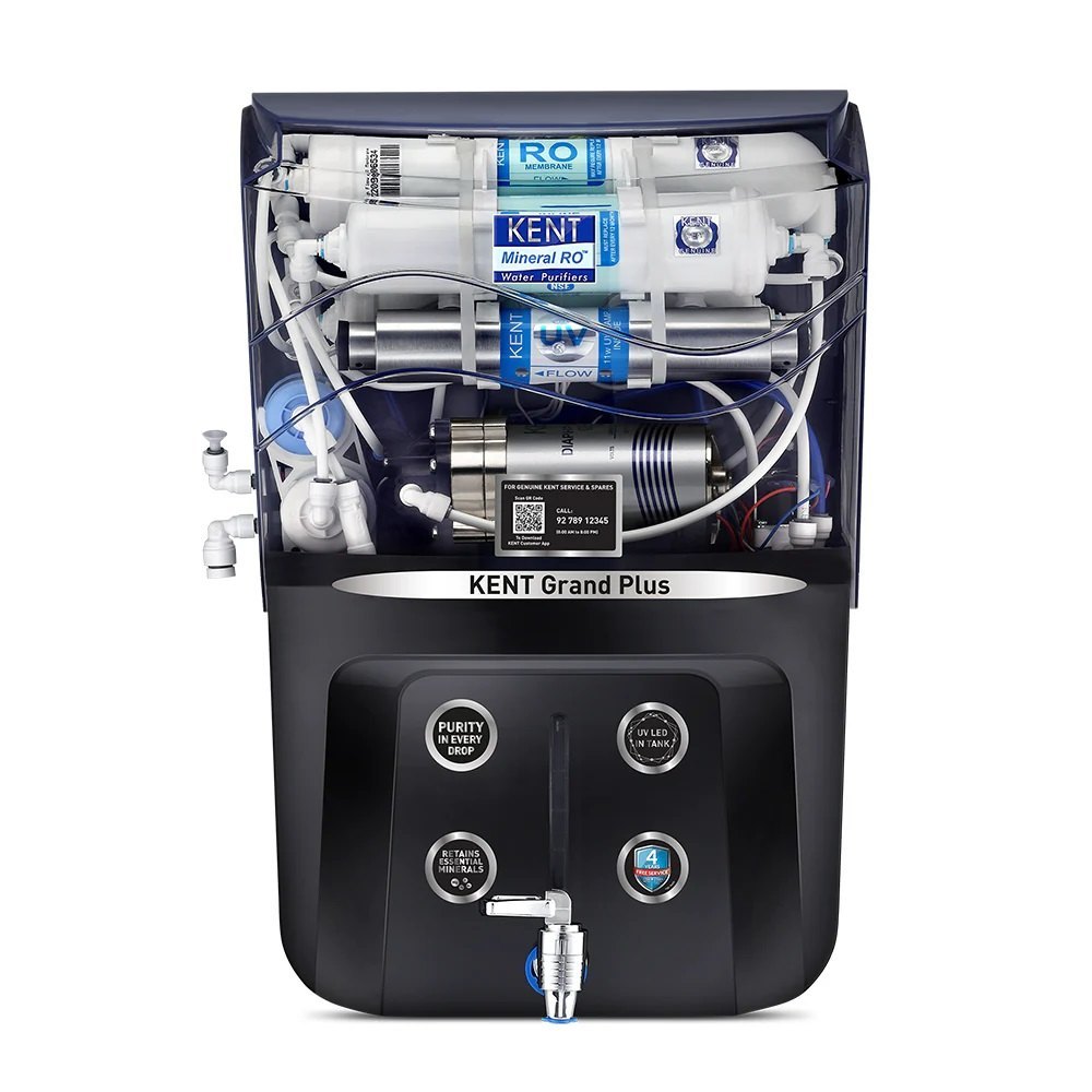 KENT Grand Plus black water purifier with RO, UV, UF, TDS control, UV-in-tank purification and mineral retention.