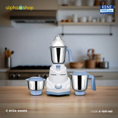 KENT TrueMix-B 750W Mixer Grinder (K-1001-MG) in white and blue, featuring three stainless steel jars. Available at Alphaeshop.