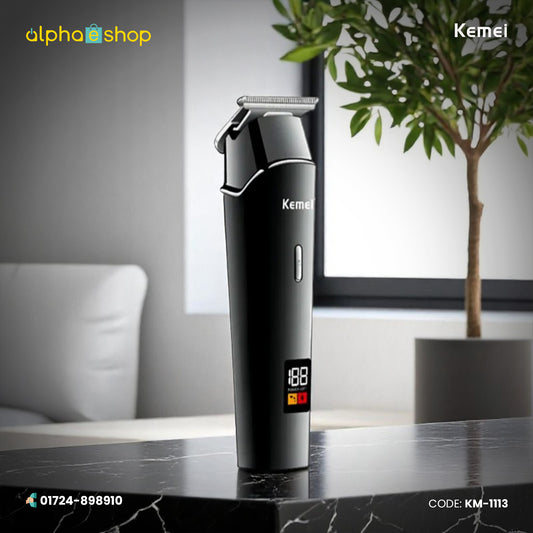 Kemei KM-1113 black hair clipper and beard trimmer with T-blade, digital power display and rechargeable design.