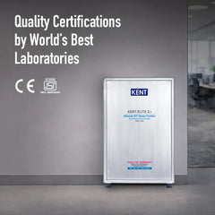 Kent Elite 2+ 100 L/hr water purifier banner showcasing CE and ISI quality certifications by international laboratories.