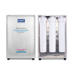 Kent Elite 2+ water purifier front view and internal view revealing the three large inline filtration cartridges inside the stainless steel body.
