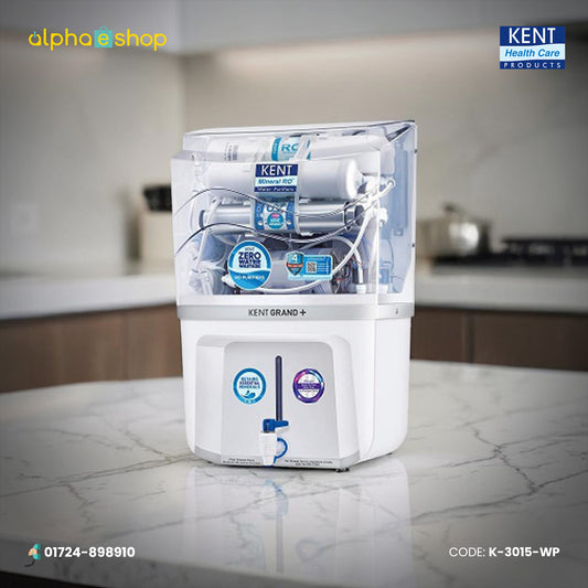 Kent Grand Plus water purifier in white, model K-3015-WP, with transparent top housing Mineral RO and Zero Water Wastage technology.
