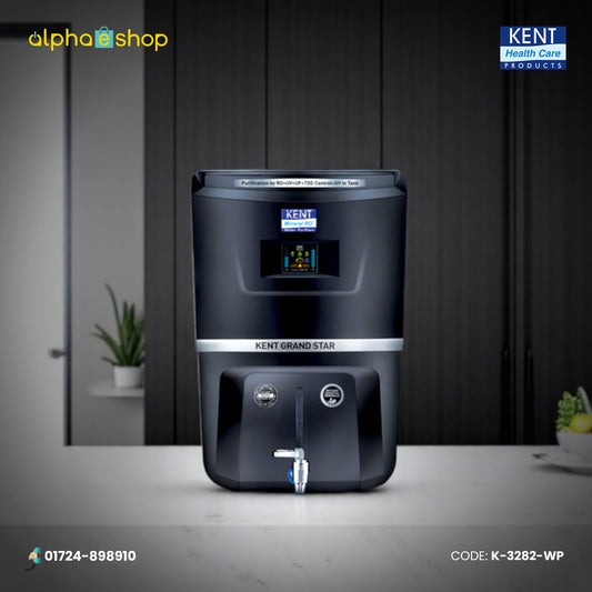 Kent Grand Star water purifier in black featuring a digital display, chrome tap dispenser, and multiple purification technologies.