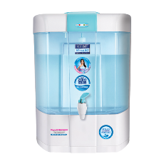 Kent Pearl mineral RO water purifier in white featuring a transparent blue storage tank, white base, and a top-mounted push-lever tap.